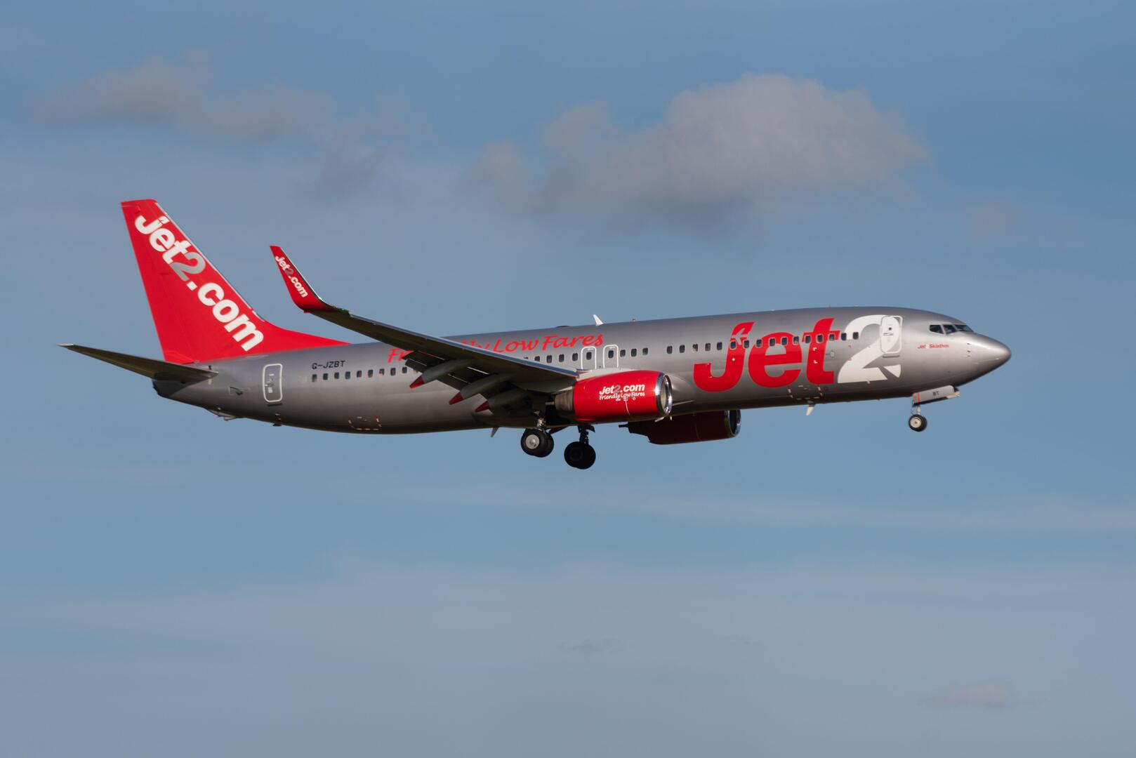 Jet2 Boeing 737 airliner landing at London Stansted Airport.
