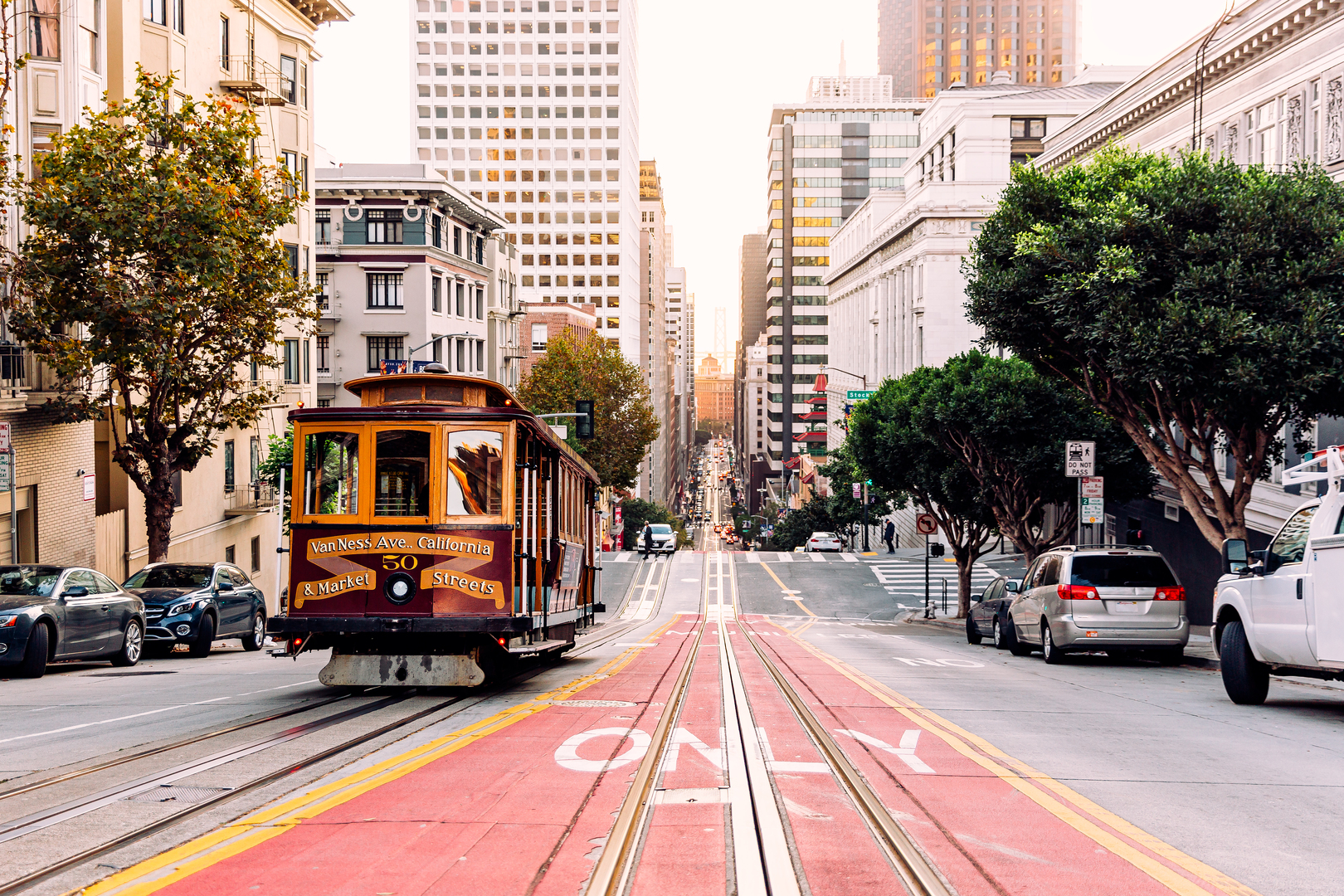 San Francisco cable car navigating an incline.